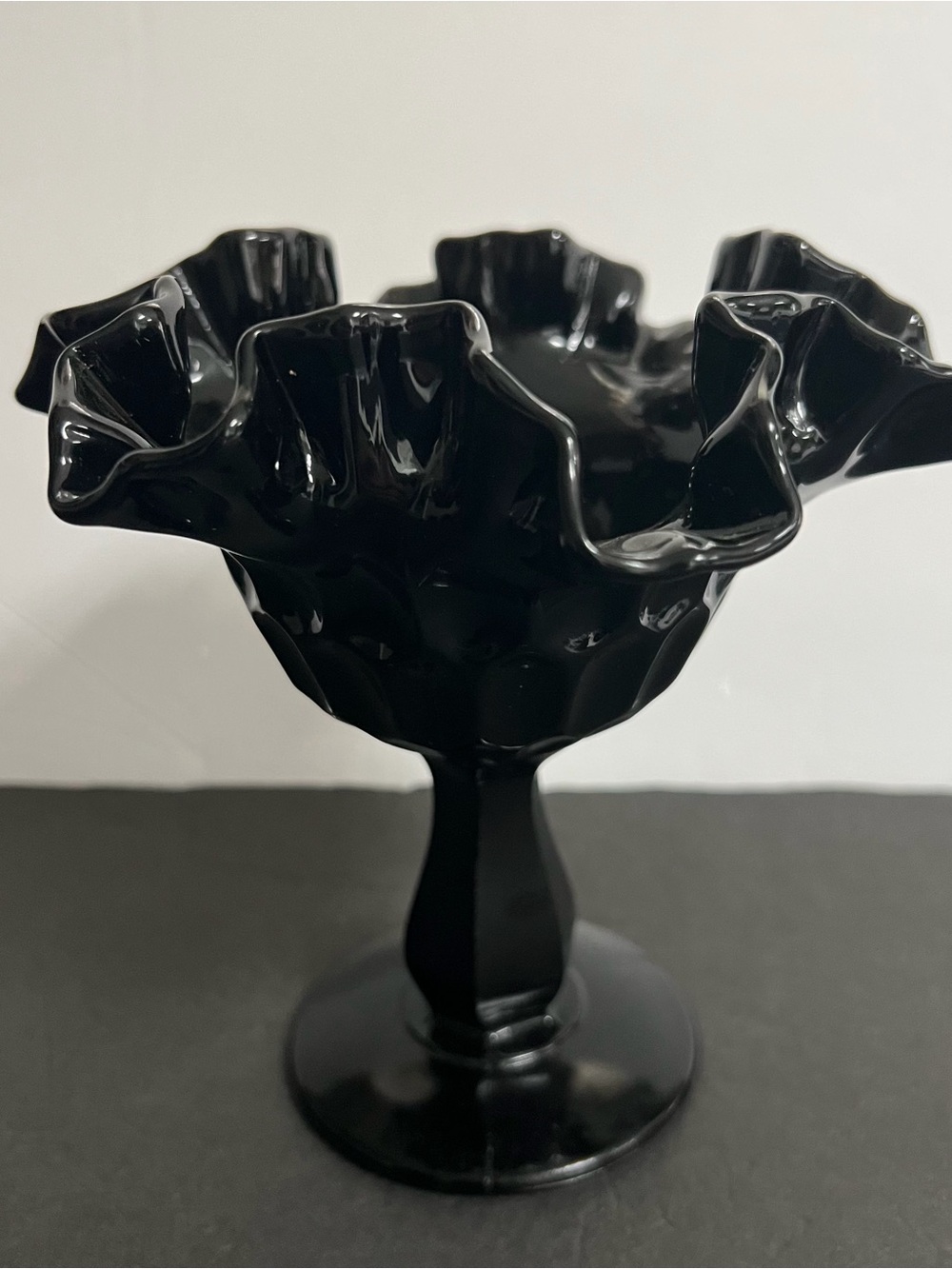 Glossy Black Ruffled Pedestal Compote